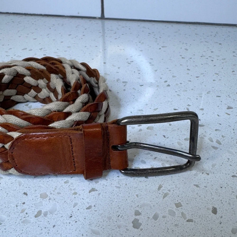 Pikolinos Brown Leather Beige Woven Braided Belt Size 95 Casual Boho Adjustable